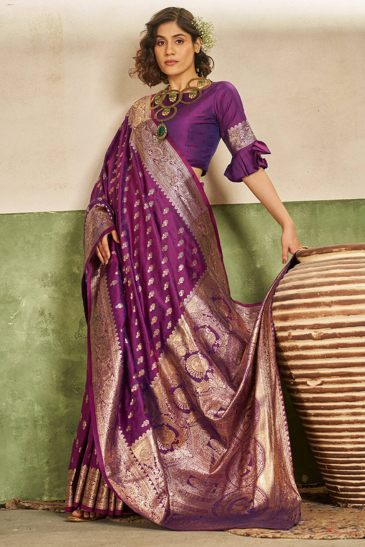Dissemble Purple Pure Zari Weaving Banarasi Silk Saree With Majestic Blouse Piece - Image 5