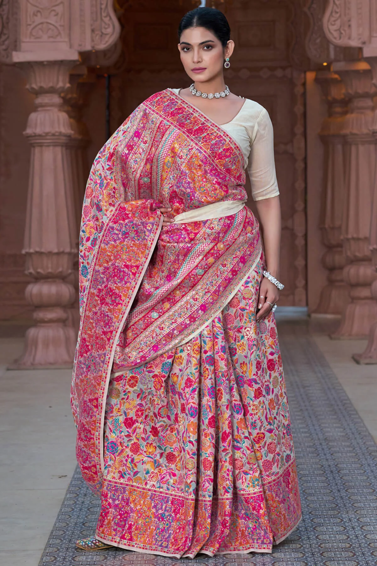 Divine Beige Pashmina Saree With Dulcet Blouse Piece - Image 5