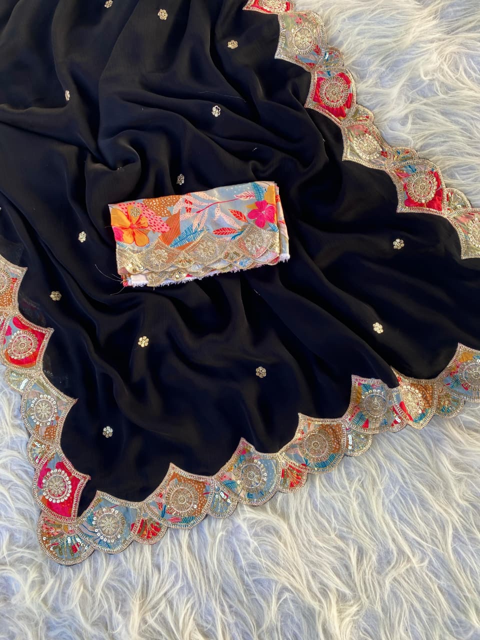 Divine Black Embroidery Work Pure Satin Georgette Saree With Diaphanous Blouse Piece - Image 2