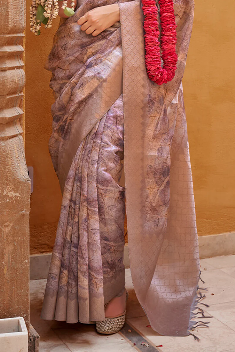 Divine Brown Digital Printed Cotton Silk Saree With Dalliance Blouse Piece - Image 3