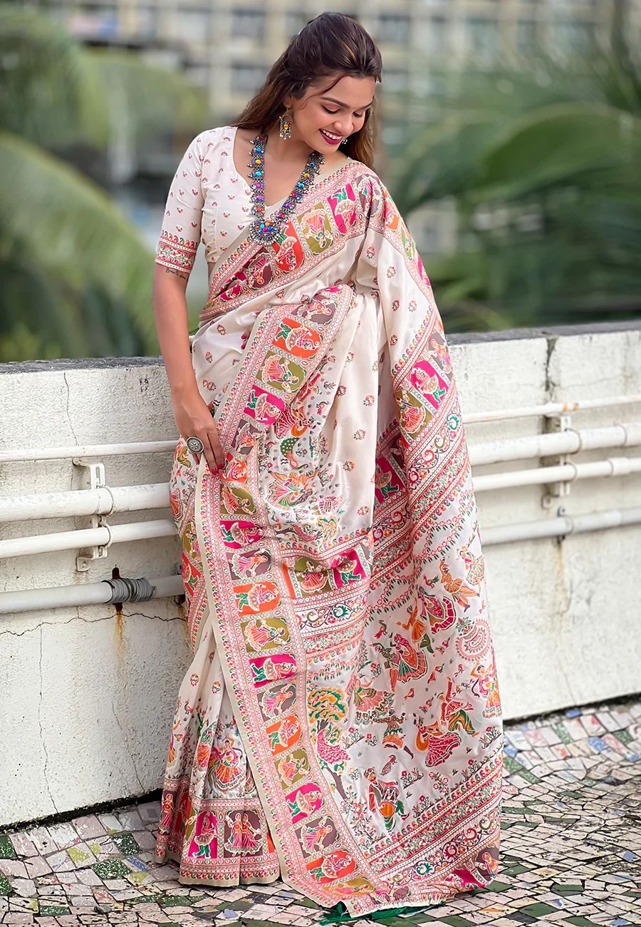 Divine Off White Nylon Dola Pashmina Saree With Seraphic Blouse Piece - Image 3