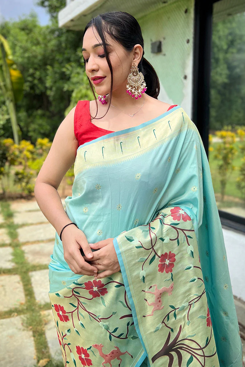 Divine Sky Paithani Silk Saree With Admirable Blouse Piece - Image 2