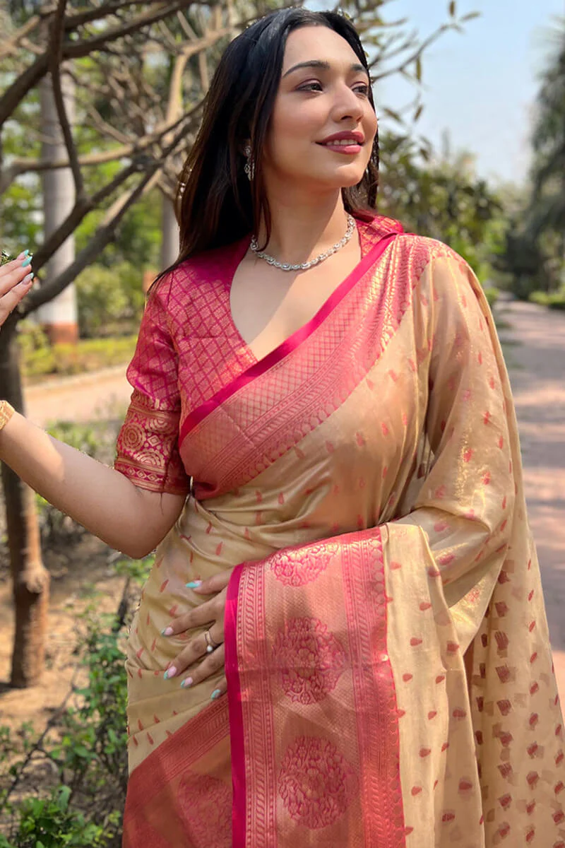Dulcet Beige Soft Banarasi Tissue Silk Saree With Entrancing Blouse Piece - Image 2