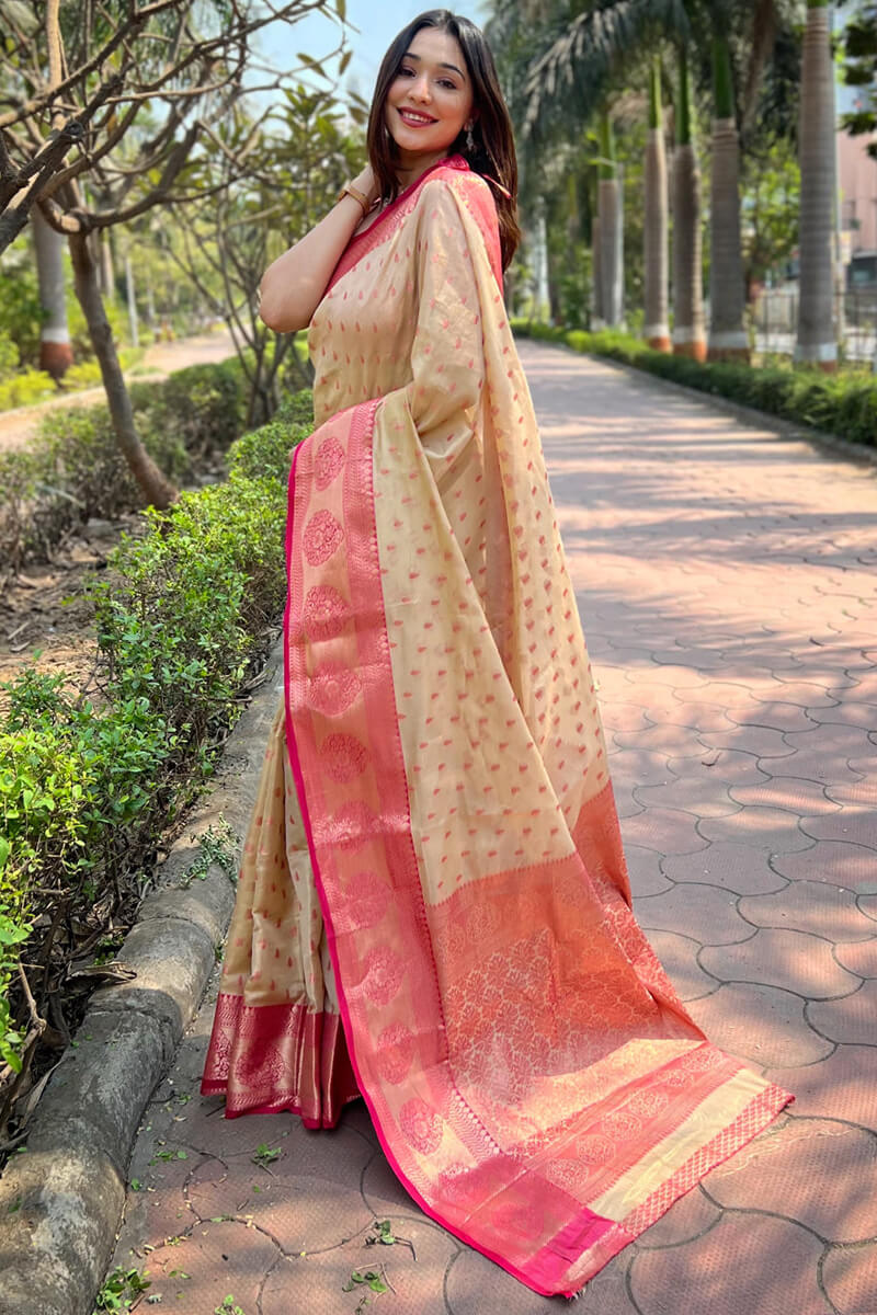Dulcet Beige Soft Banarasi Tissue Silk Saree With Entrancing Blouse Piece - Image 3