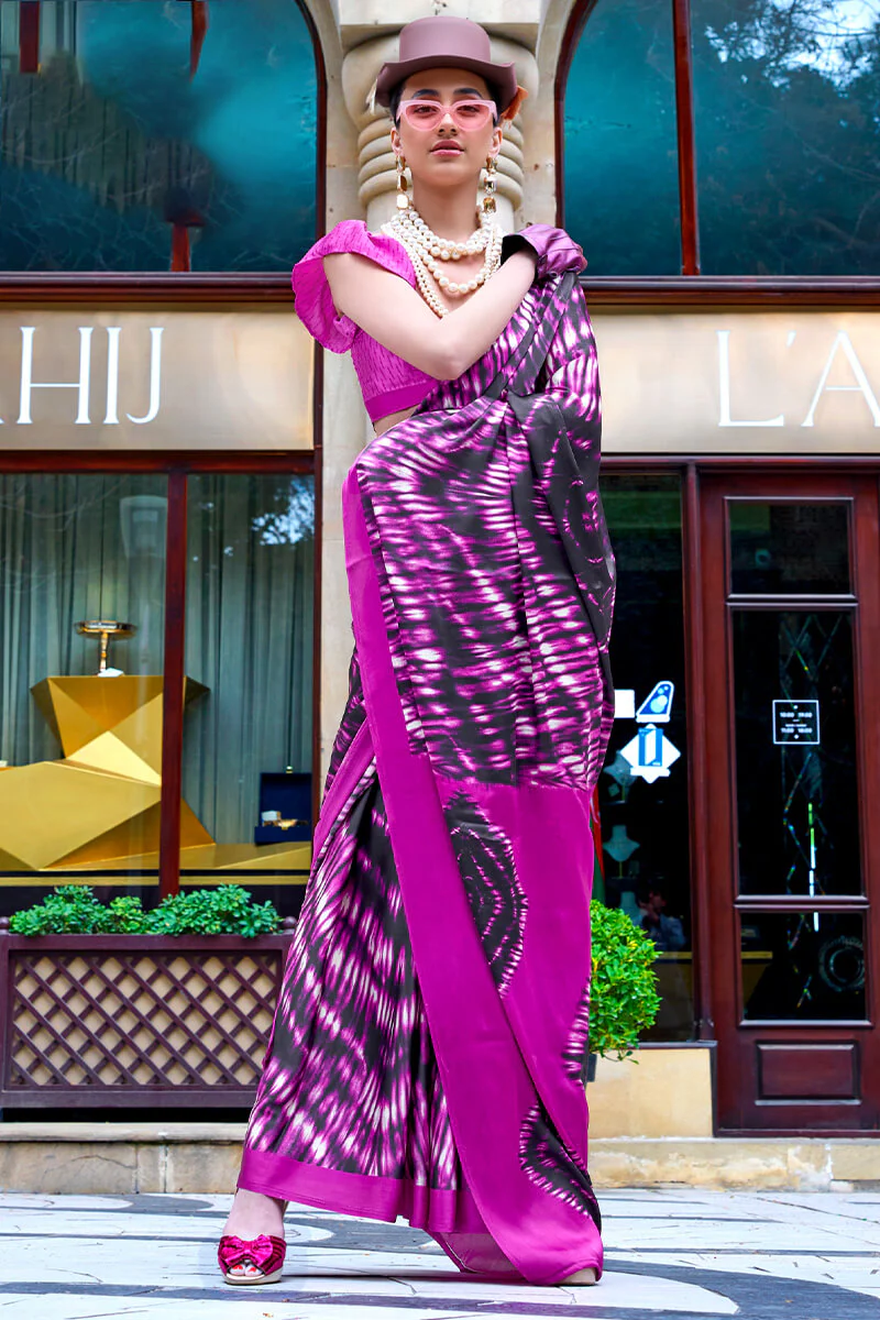 Dulcet Purple Digital Printed Satin Silk Saree With Ethereal Blouse Piece