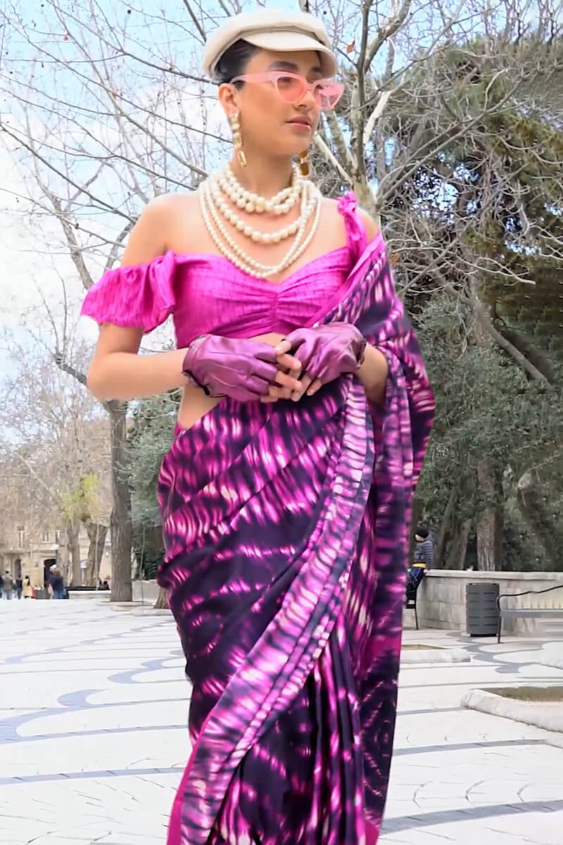 Dulcet Purple Digital Printed Satin Silk Saree With Ethereal Blouse Piece - Image 3
