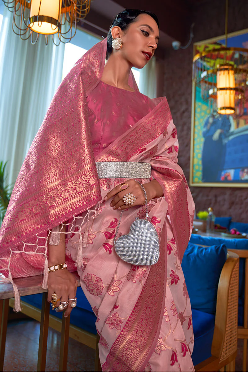 Ebullience Baby Pink Organza Silk Saree With Cynosure Blouse Piece - Image 2