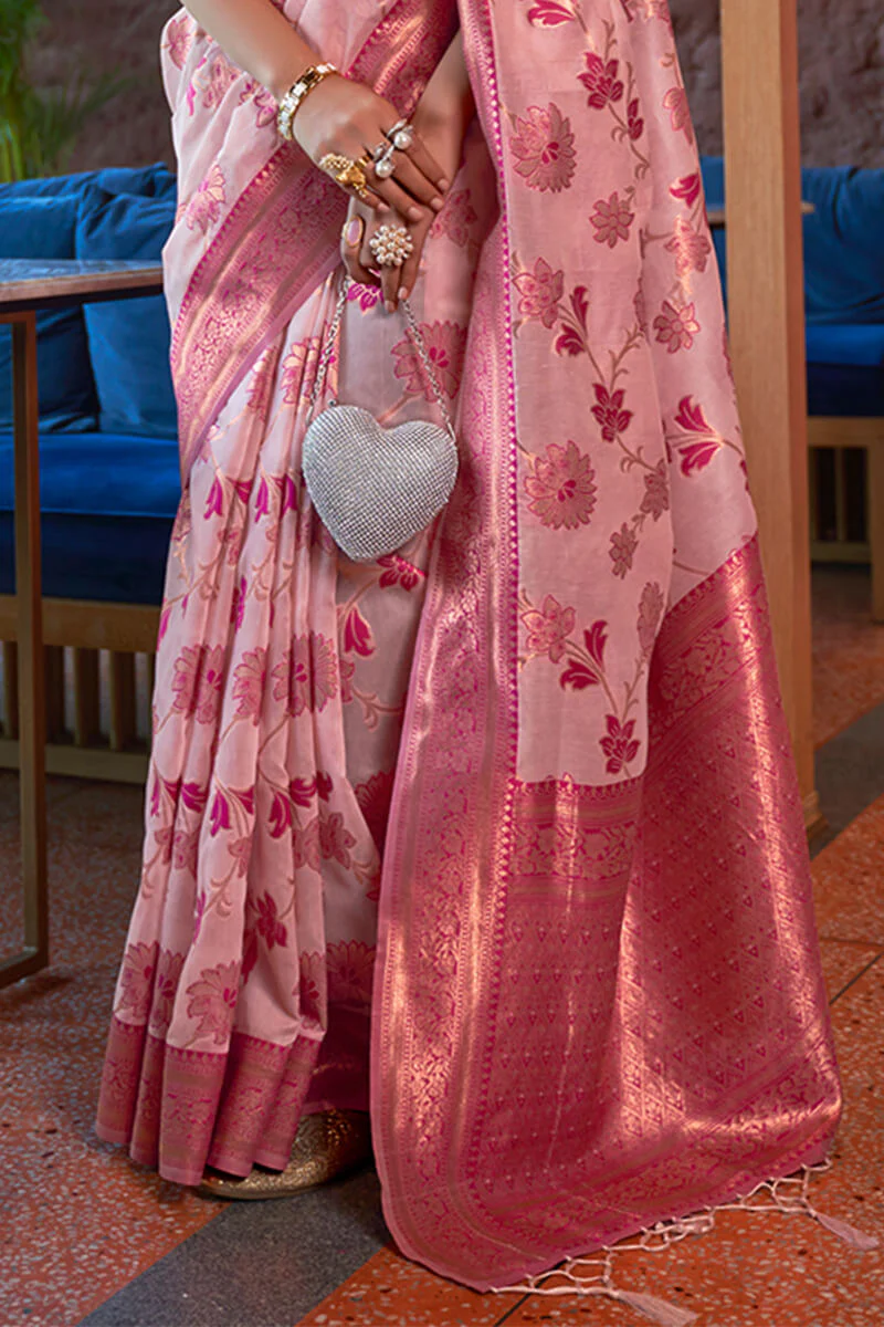 Ebullience Baby Pink Organza Silk Saree With Cynosure Blouse Piece - Image 3