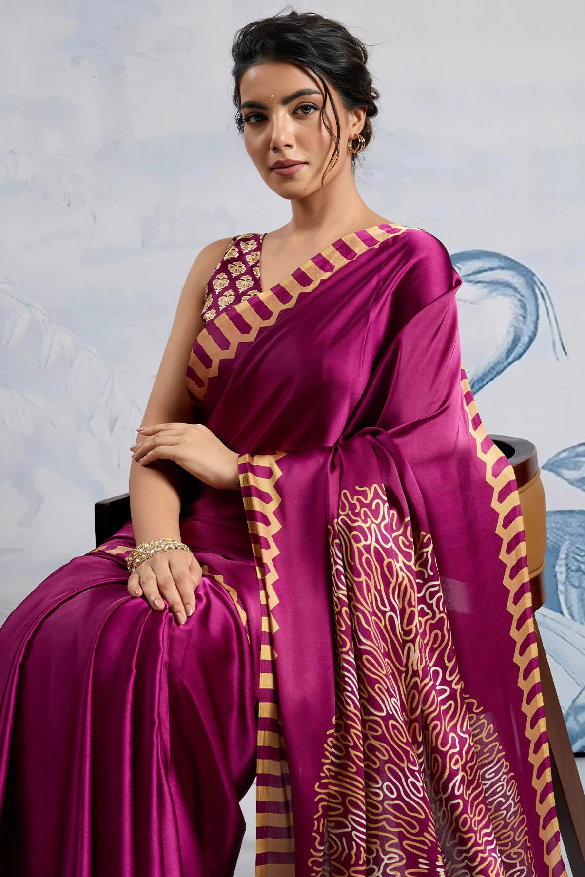 Ebullience Purple Ajrakh Printed Satin Silk Saree With Elaborate Blouse Piece - Image 2