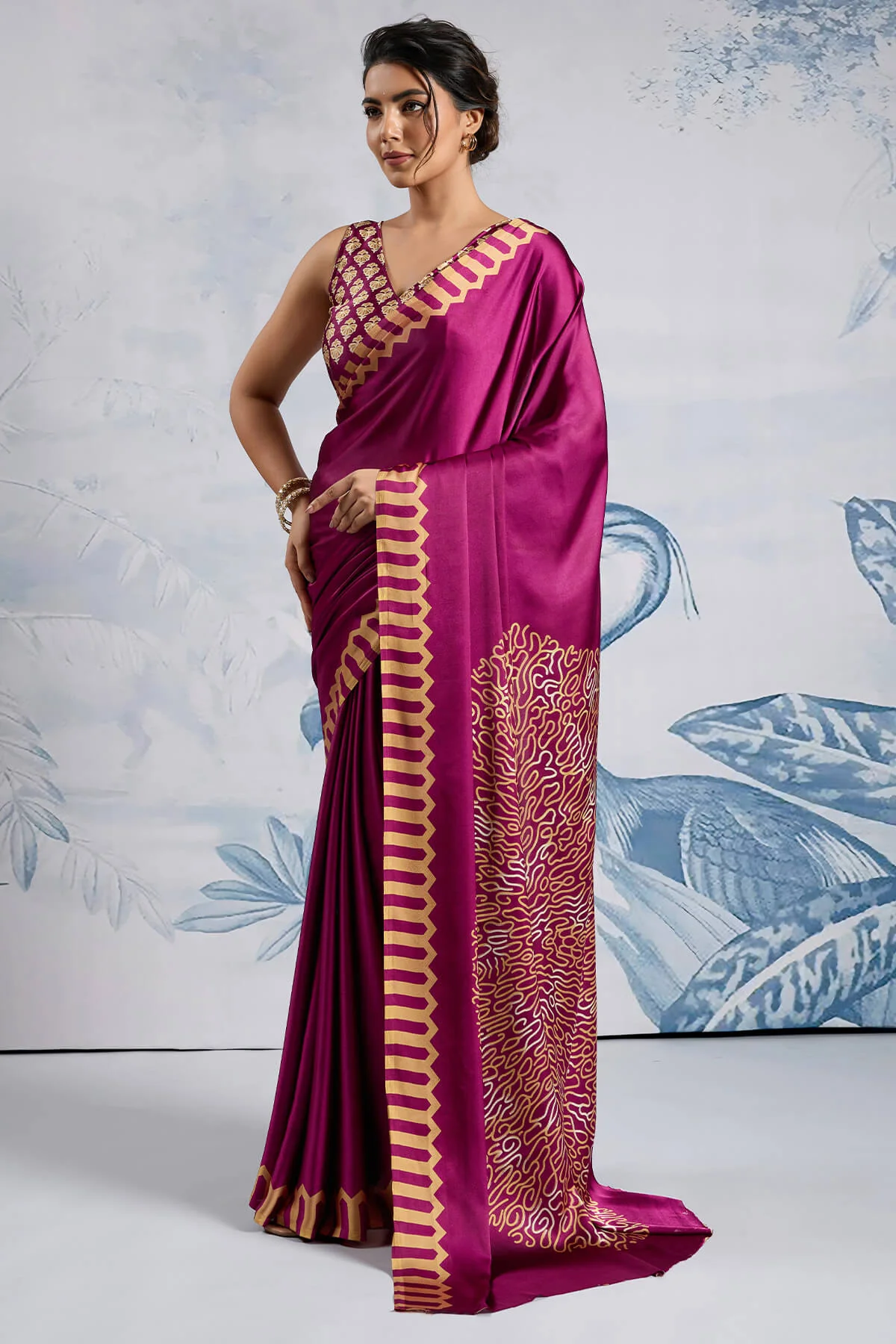 Ebullience Purple Ajrakh Printed Satin Silk Saree With Elaborate Blouse Piece - Image 3