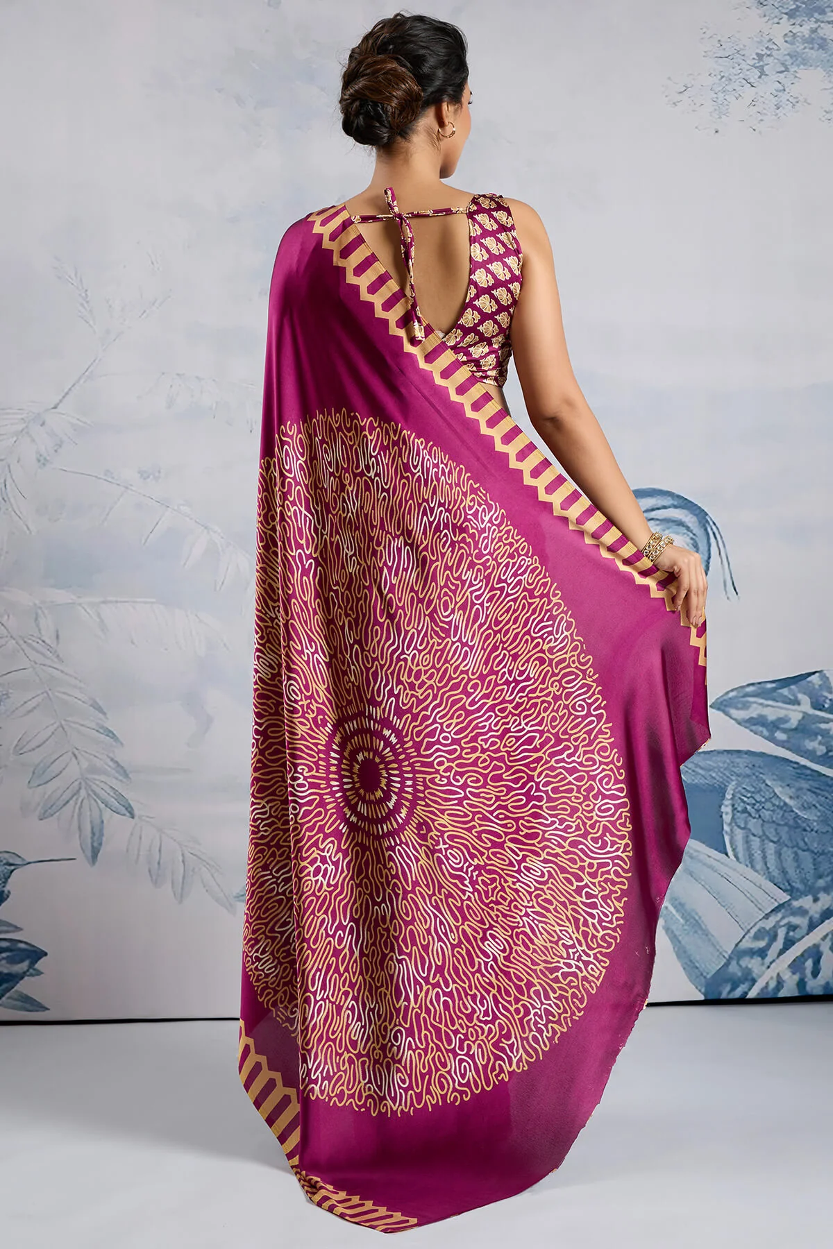 Ebullience Purple Ajrakh Printed Satin Silk Saree With Elaborate Blouse Piece - Image 6