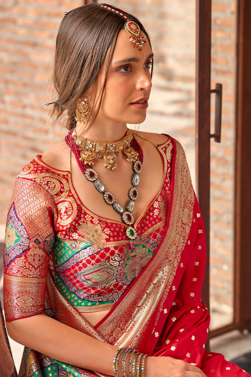 Ebullience Red Soft Banarasi Silk Saree With Unique Blouse Piece - Image 2