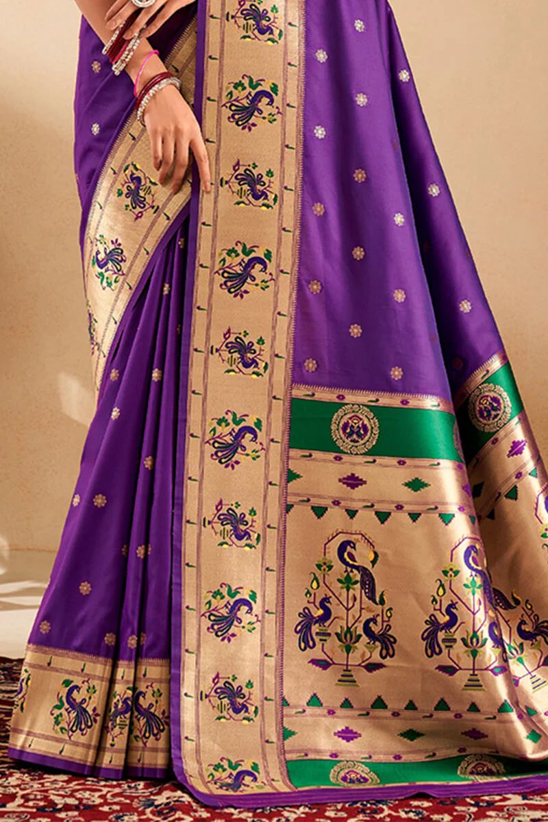 Ebullience Royal Purple Paithani Silk Saree With Dazzling Blouse Piece - Image 3