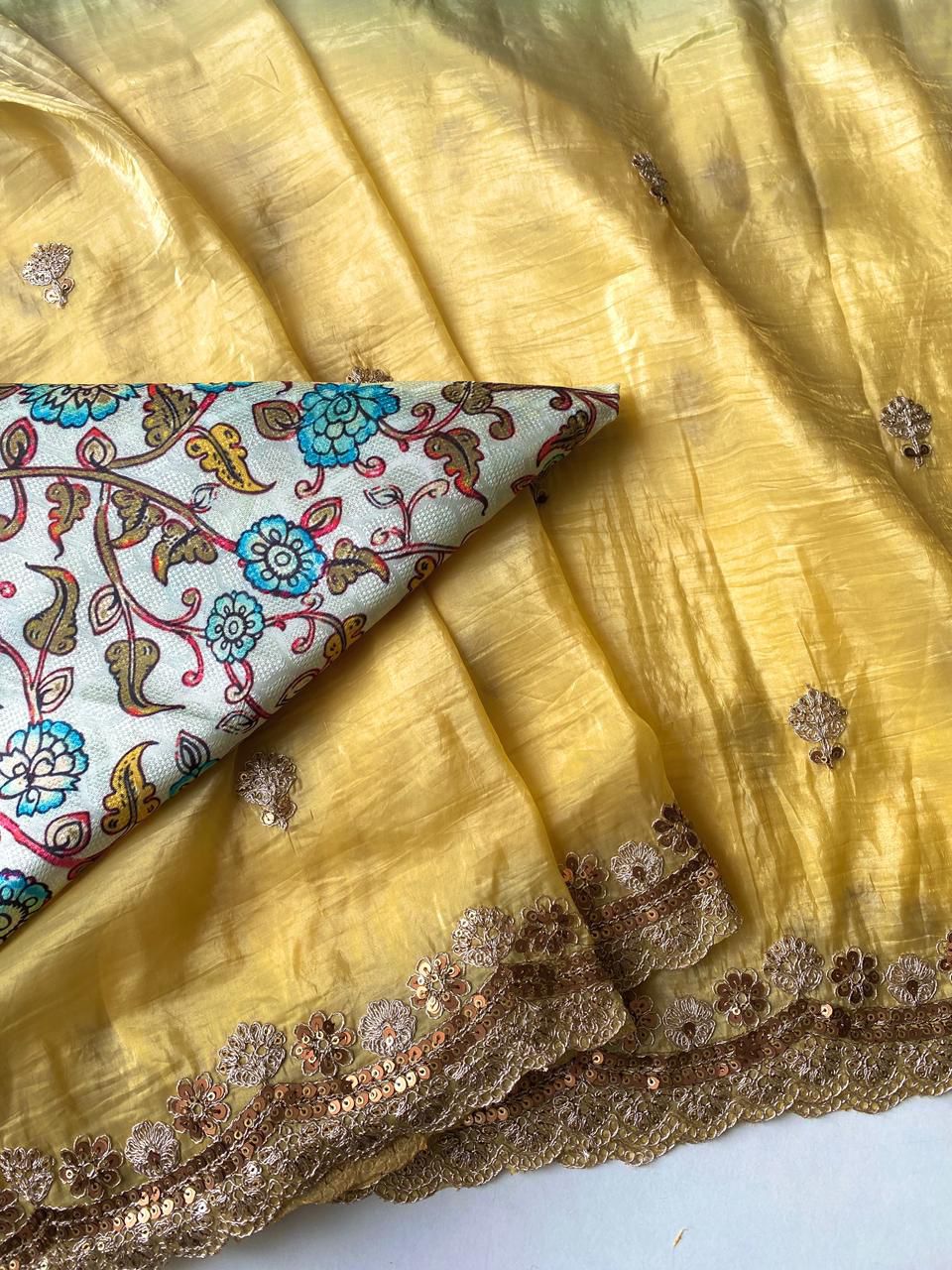 Ebullience Yellow and Firozi Sequence Work Crush Silk Saree With Staring Blouse Piece - Image 3