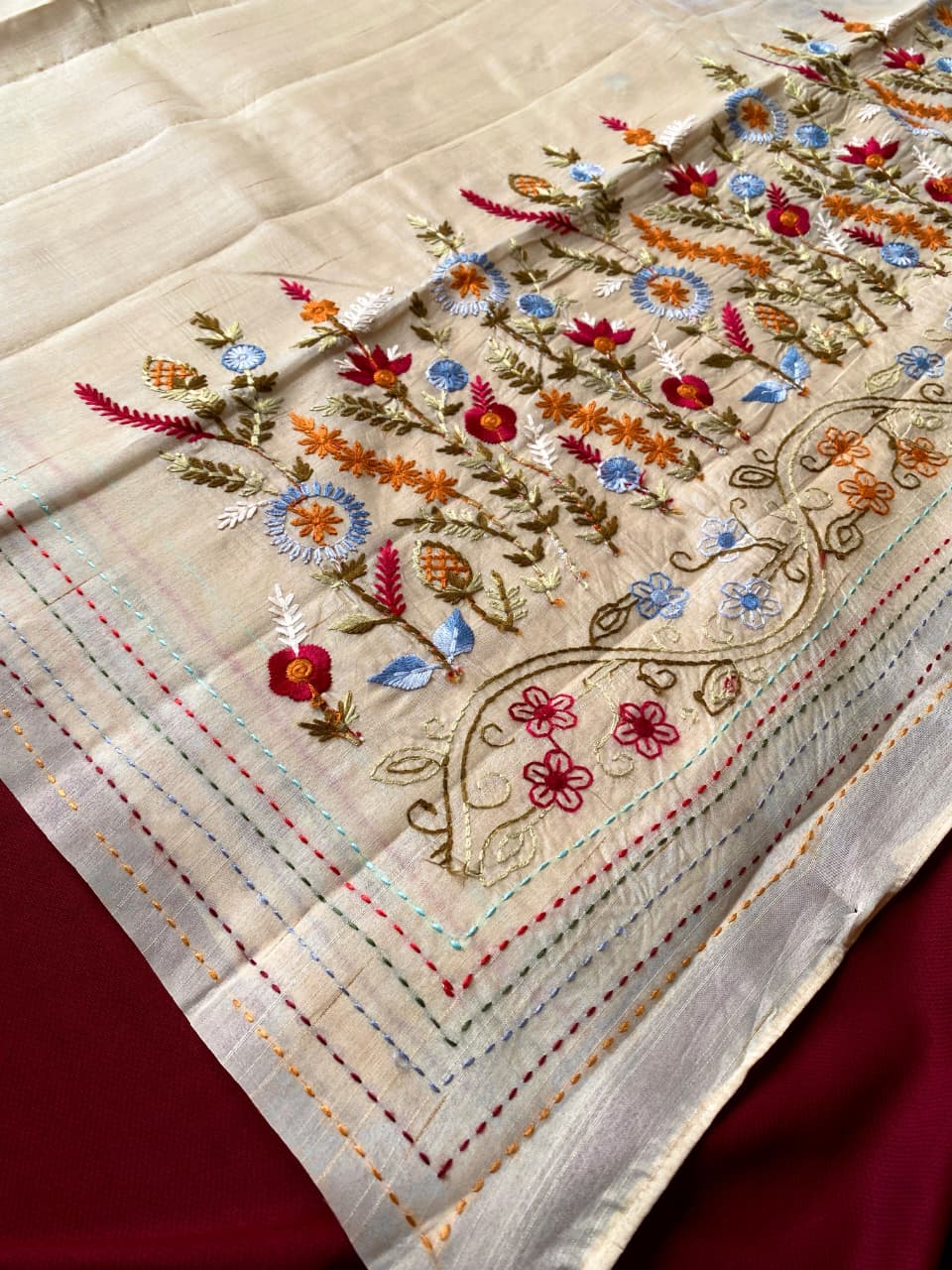 Eclat Beige Embroidery Work Tussar Silk Saree With Capricious Blouse Piece - Image 4