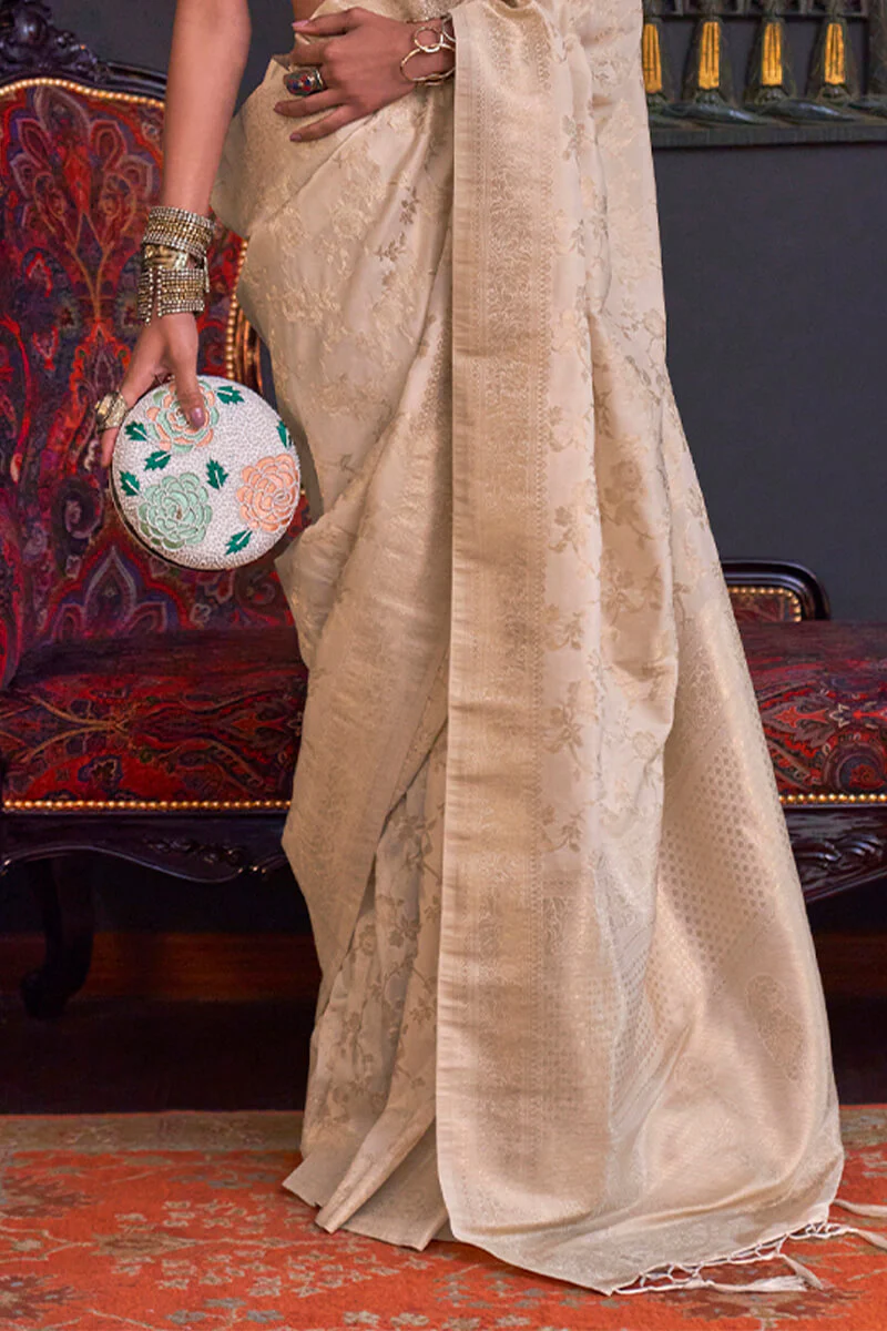 Eclat Beige Soft Banarasi Silk Saree With Pleasurable Blouse Piece - Image 3