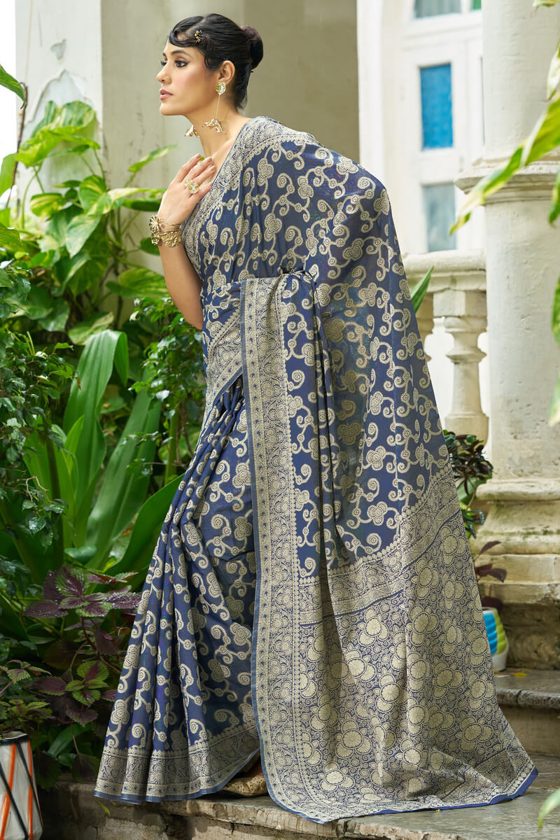 Eclat Blue Lucknowi Silk Saree With Imbrication Blouse Piece - Image 4