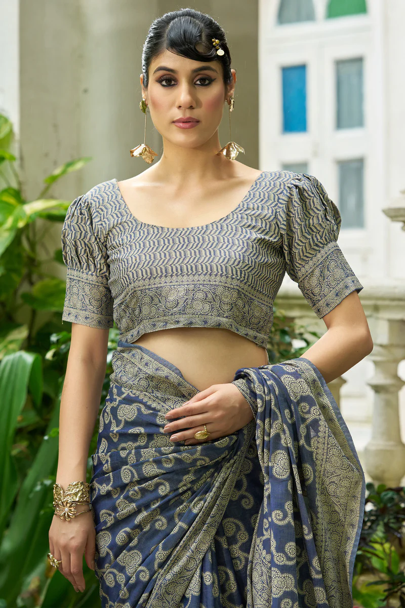 Eclat Blue Lucknowi Silk Saree With Imbrication Blouse Piece - Image 6