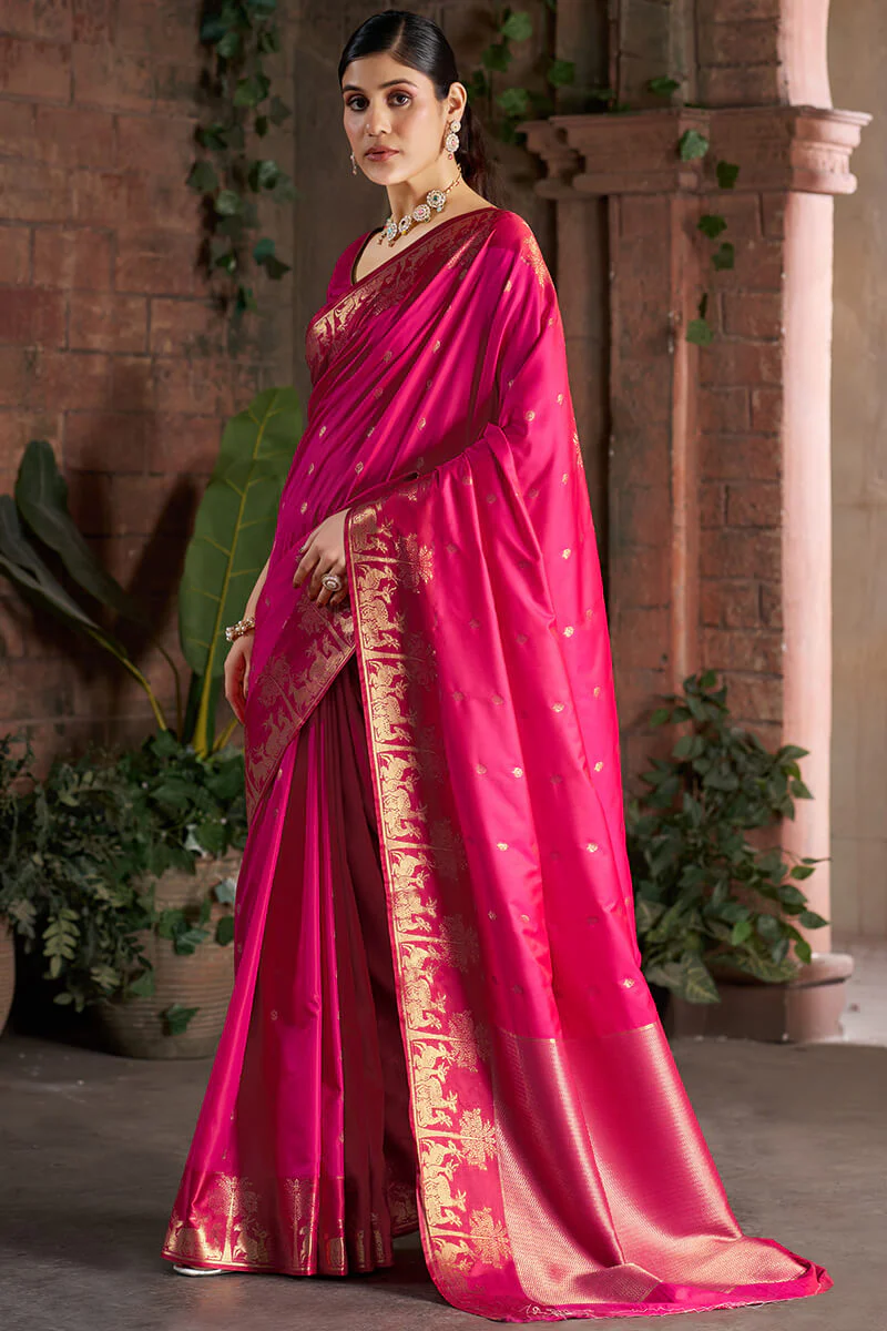 Eclat Dark Pink Pure Zari Weaving Banarasi Silk Saree With Jubilant Blouse Piece - Image 3