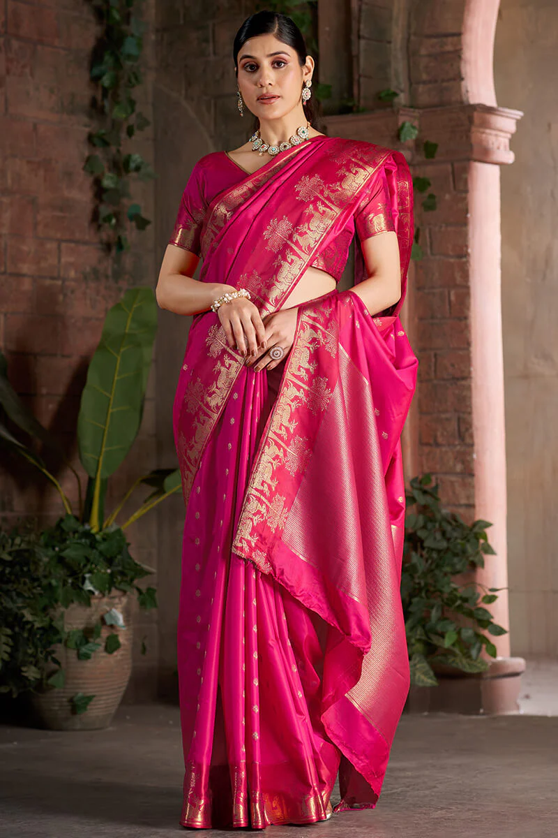 Eclat Dark Pink Pure Zari Weaving Banarasi Silk Saree With Jubilant Blouse Piece - Image 4