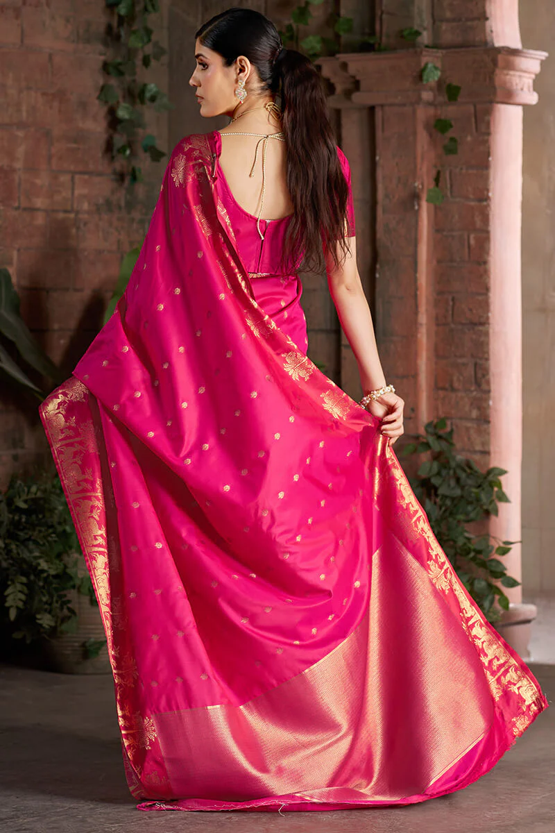 Eclat Dark Pink Pure Zari Weaving Banarasi Silk Saree With Jubilant Blouse Piece - Image 5