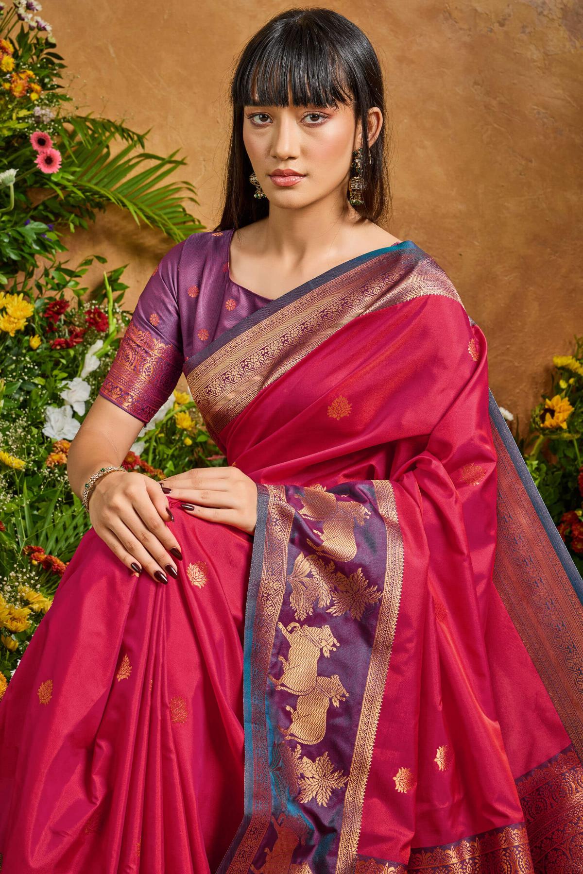 Eclat Dark Pink Soft Banarasi Silk Saree With Precious Blouse Piece - Image 2