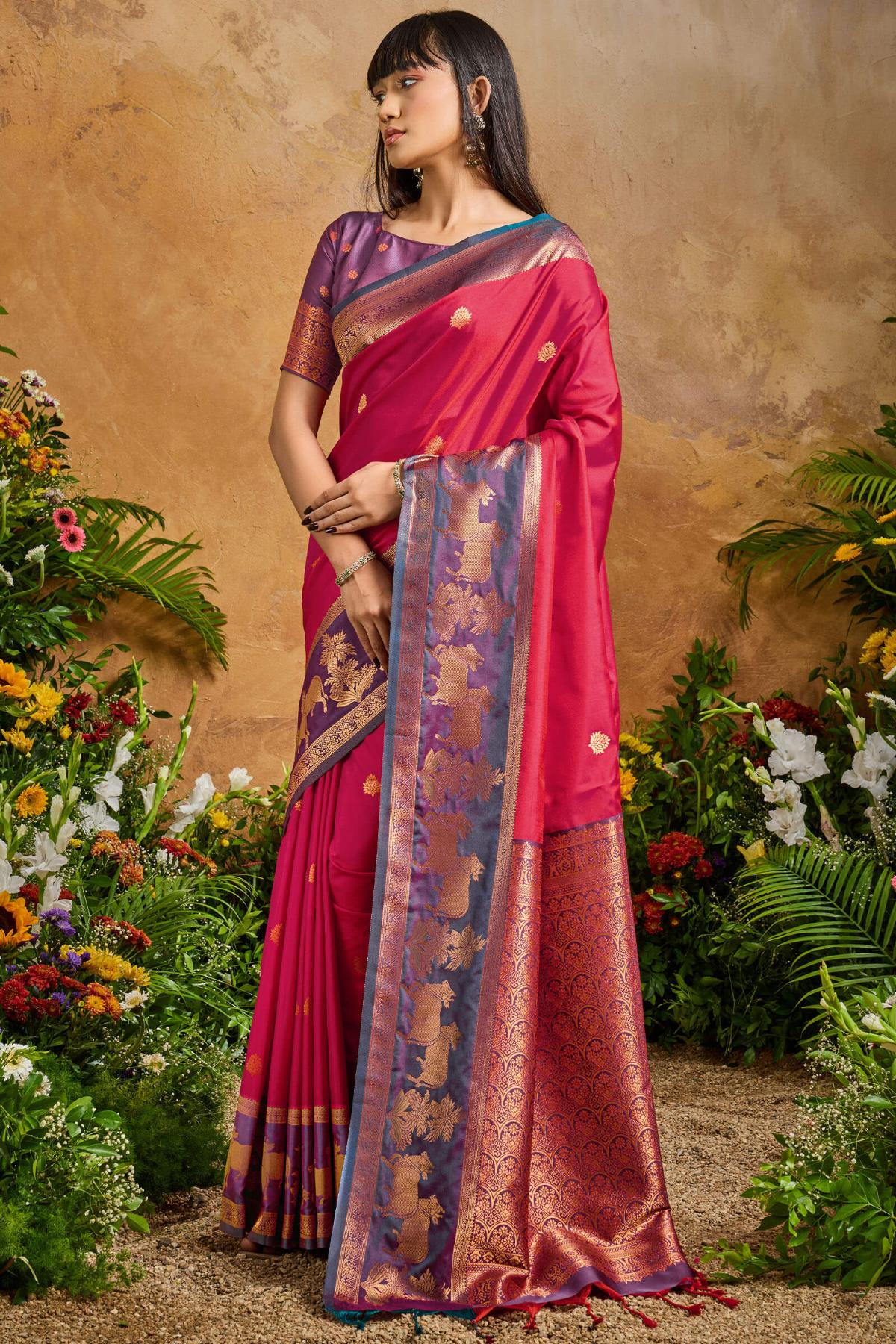 Eclat Dark Pink Soft Banarasi Silk Saree With Precious Blouse Piece - Image 3