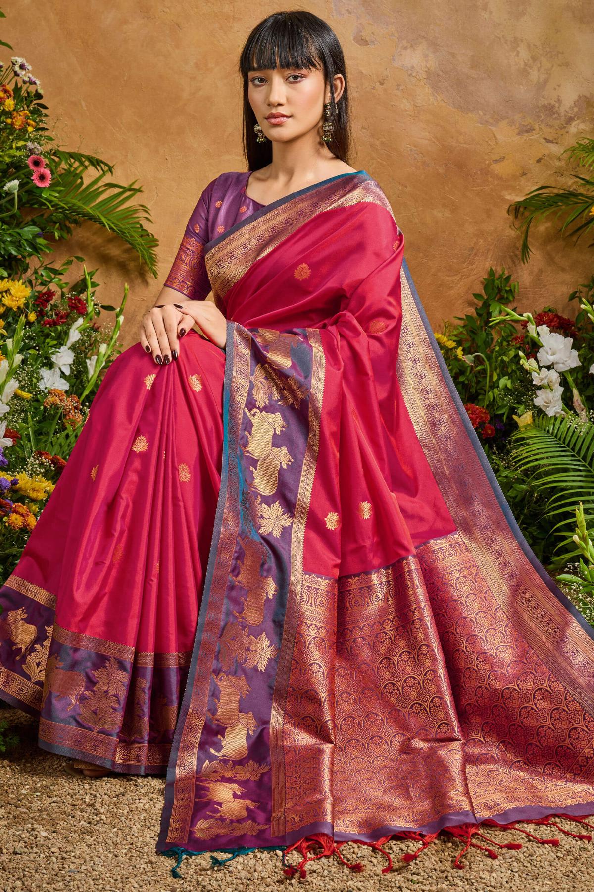 Eclat Dark Pink Soft Banarasi Silk Saree With Precious Blouse Piece - Image 5