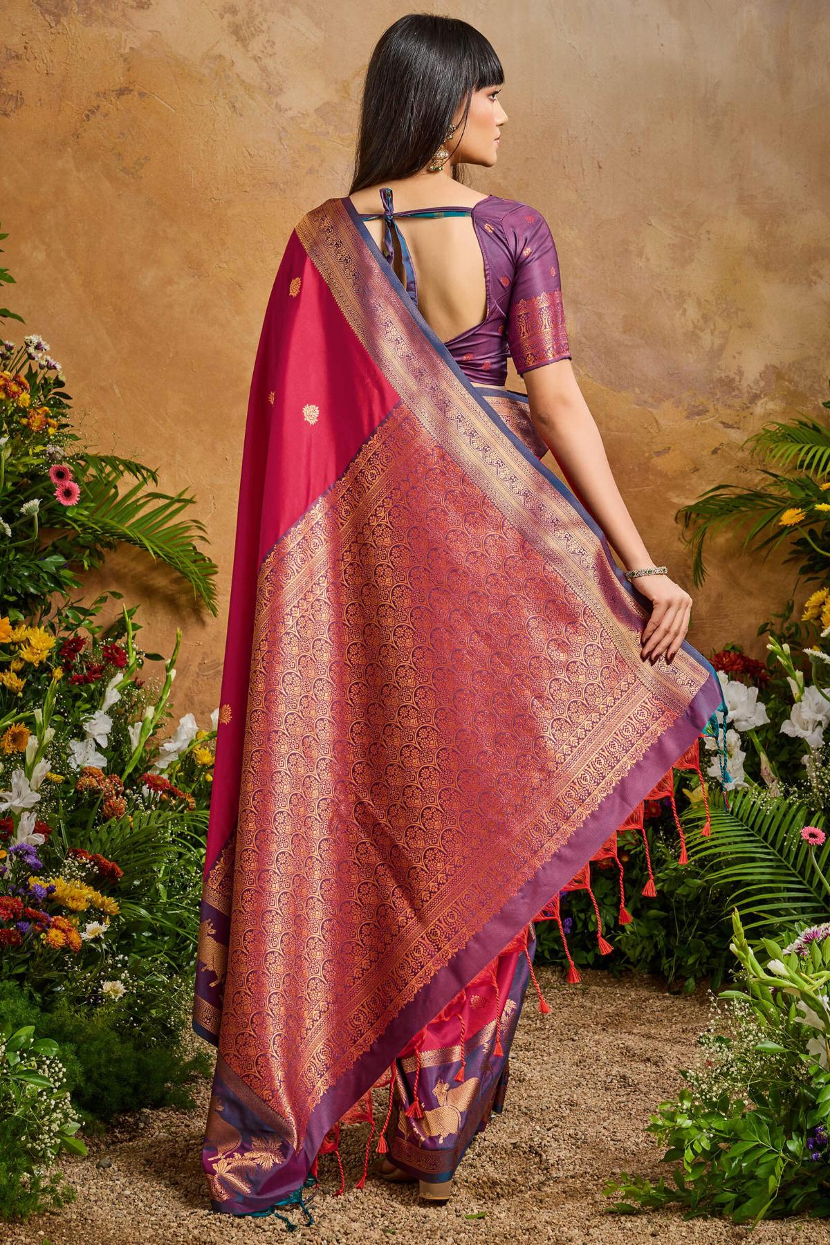 Eclat Dark Pink Soft Banarasi Silk Saree With Precious Blouse Piece - Image 6