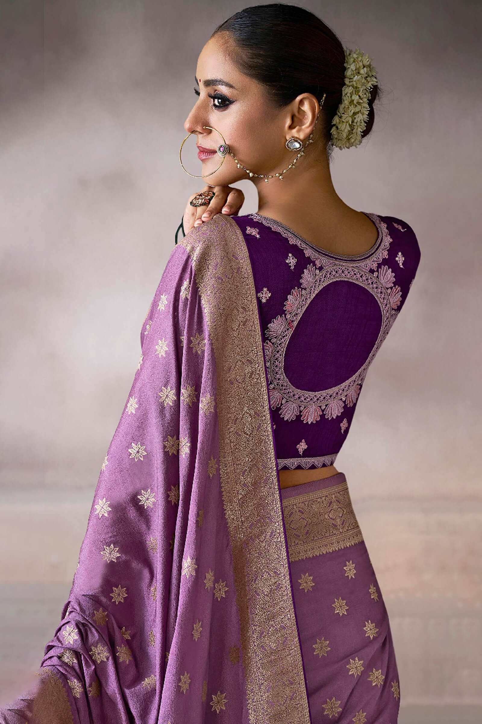 Eclat Lavender Banarasi Satin Silk Saree With Incredible Blouse - Image 3