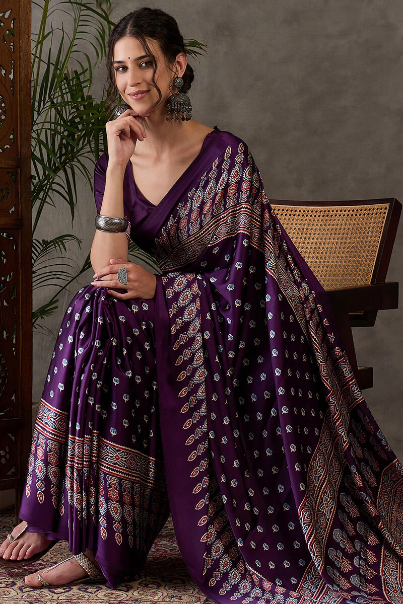 Eclat Purple Ajrakh Printed Semi Modal Silk Saree With Incredible Blouse Piece - Image 3