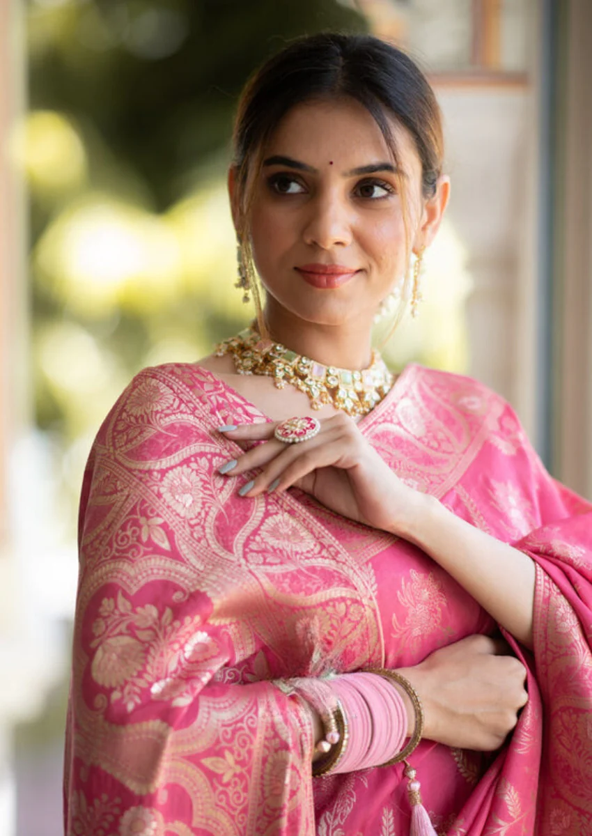 Effervescent Pink Soft Silk Saree With Assemblage Blouse Piece - Image 5