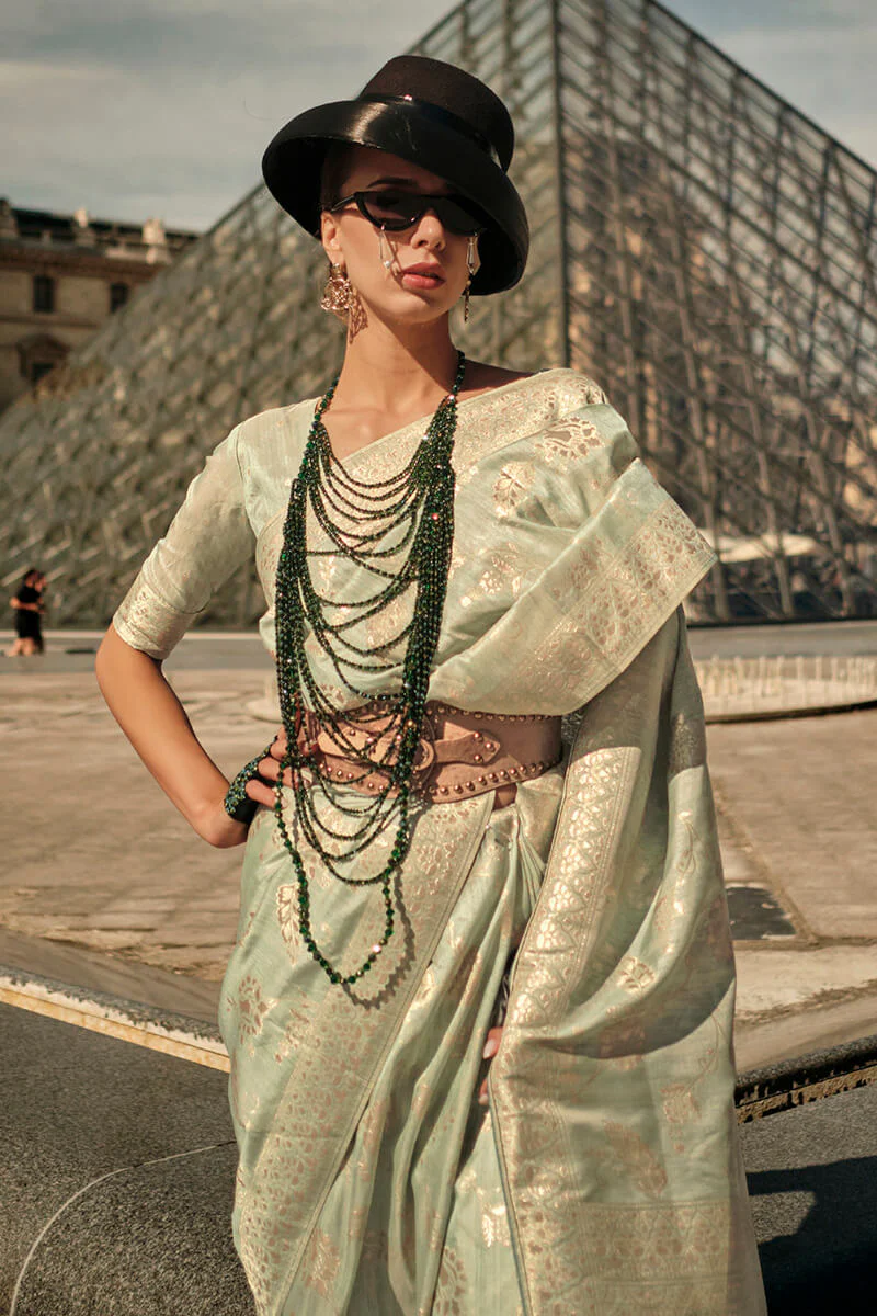 Effervescent Pista Soft Banarasi Silk Saree With Evanescent Blouse Piece - Image 2