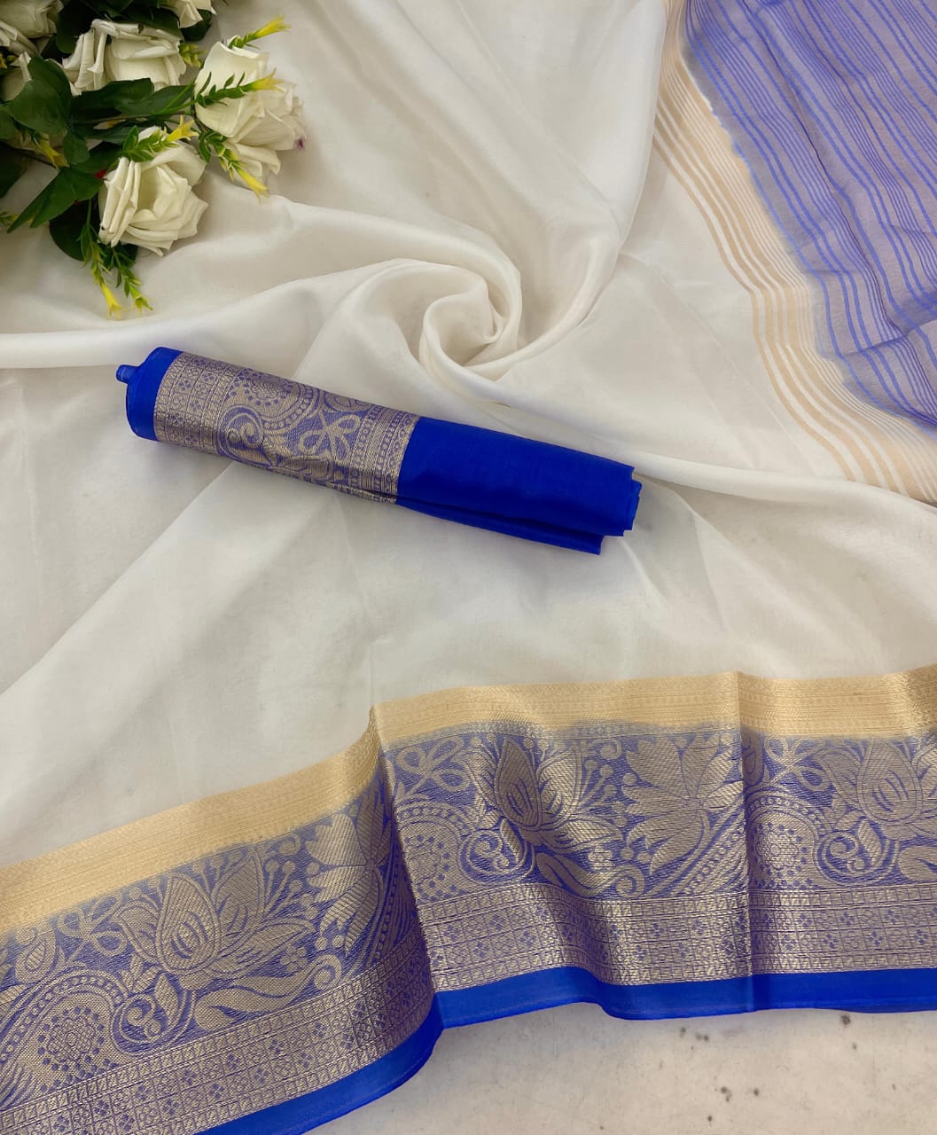 Effervescent White and Blue Orgenza Silk Saree With Palimpsest Blouse Piece - Image 2