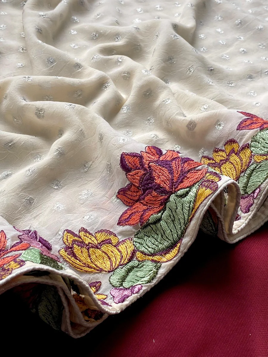 Efflorescence Off White Embroidery Work Georgette Saree With Bewitching Blouse Piece - Image 3