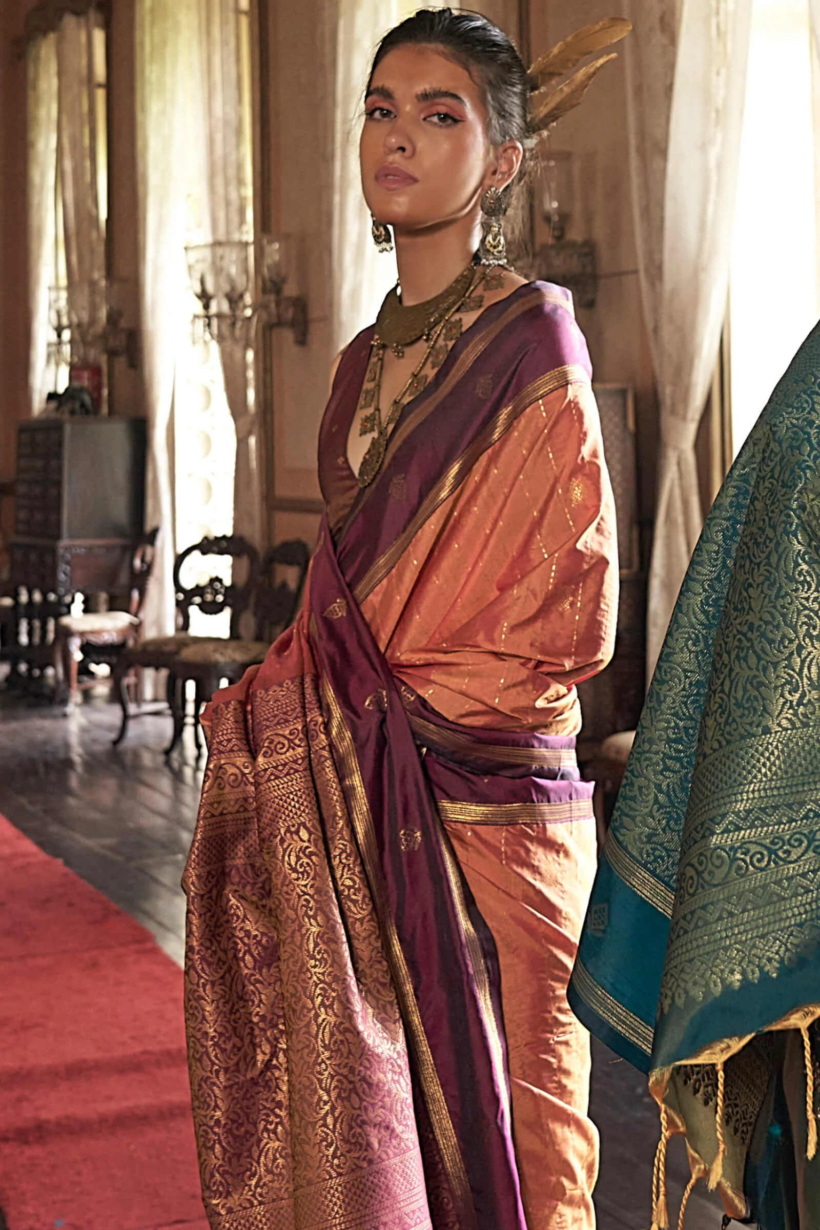 Efflorescence Peach Banarasi Tussar Silk Saree With Seraphic Blouse Piece - Image 2
