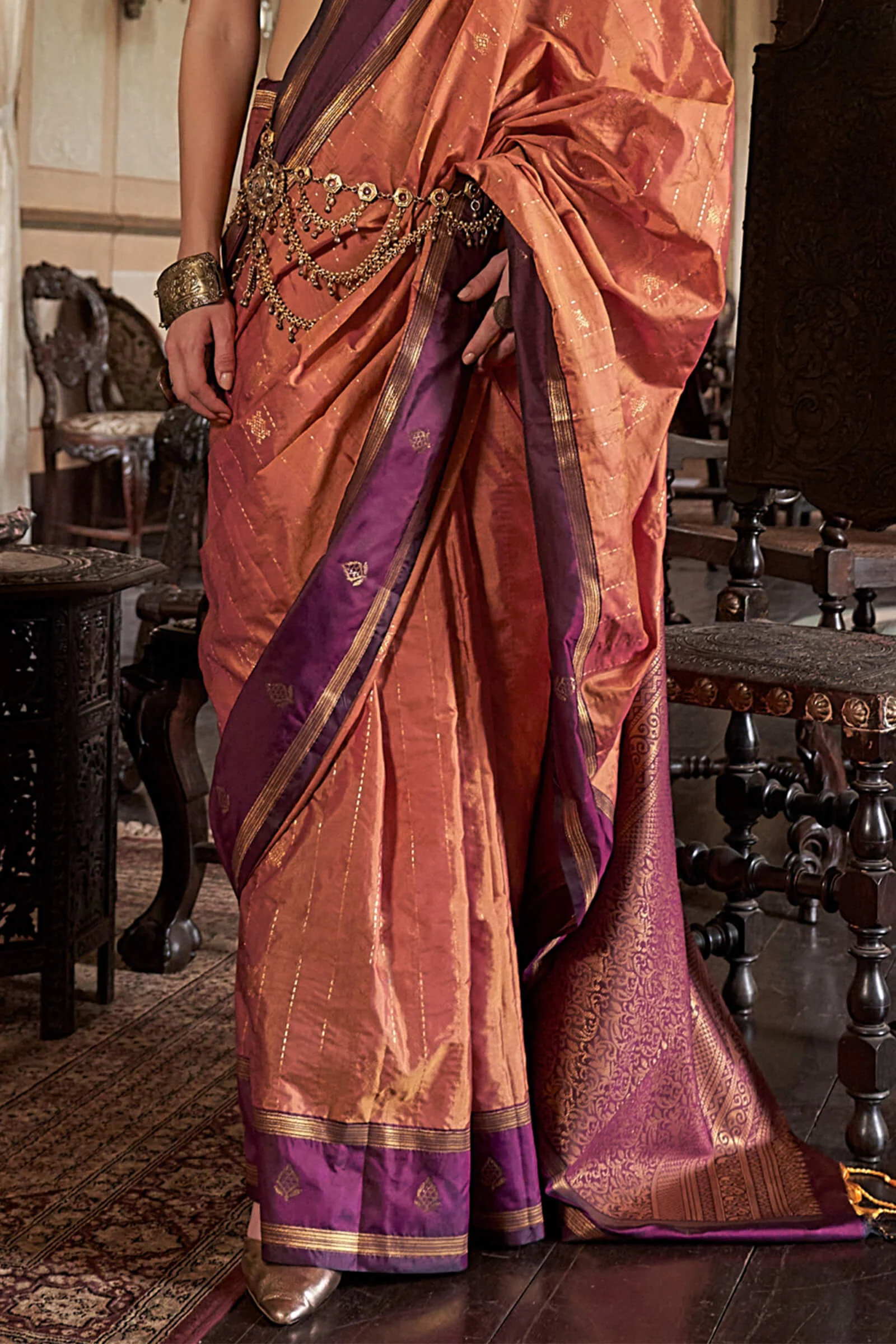Efflorescence Peach Banarasi Tussar Silk Saree With Seraphic Blouse Piece - Image 4