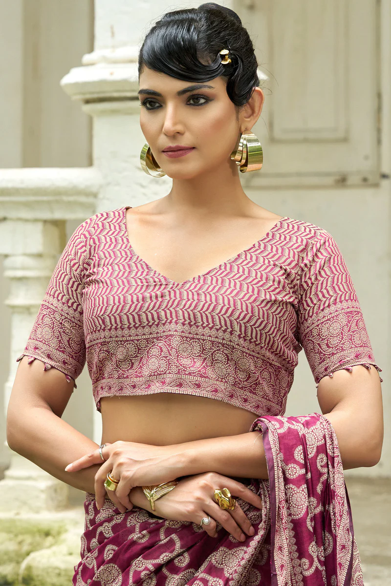 Efflorescence Wine Lucknowi Silk Saree With Sensational Blouse Piece - Image 6