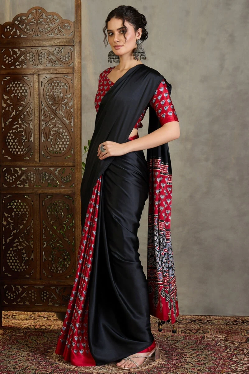 Effulgent Black Ajrakh Printed Semi Modal Silk Saree With Denouement Blouse Piece - Image 5