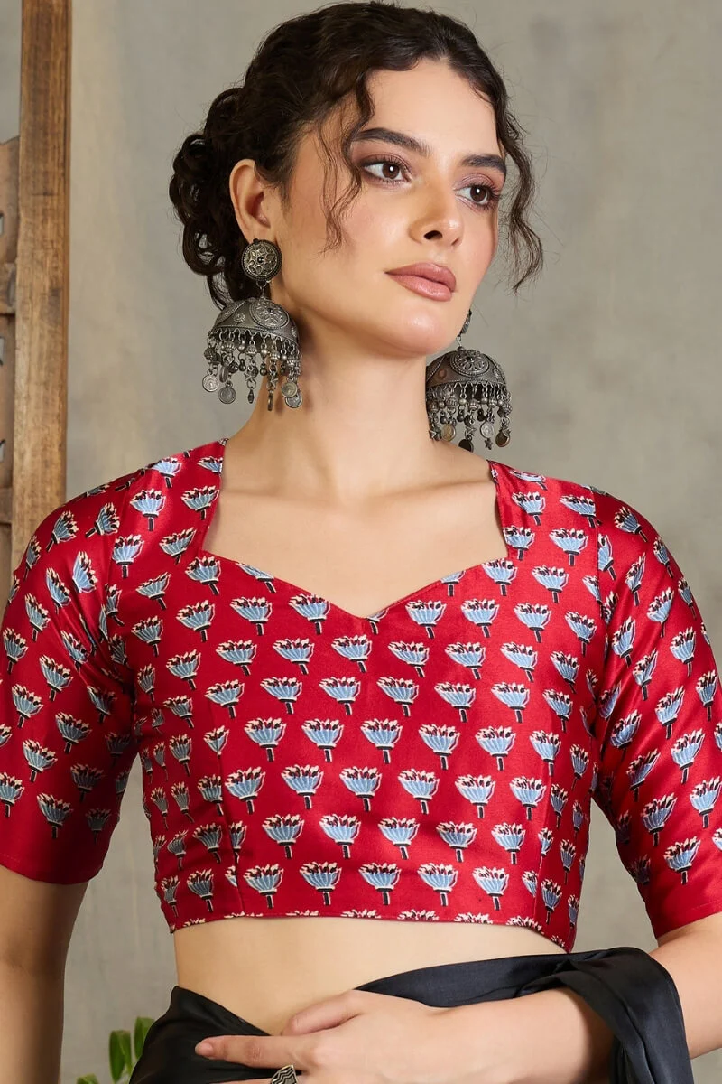 Effulgent Black Ajrakh Printed Semi Modal Silk Saree With Denouement Blouse Piece - Image 6