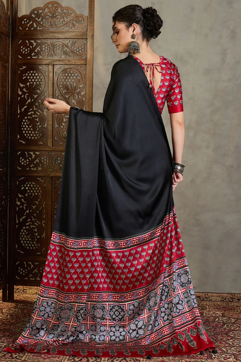 Effulgent Black Ajrakh Printed Semi Modal Silk Saree With Denouement Blouse Piece - Image 7