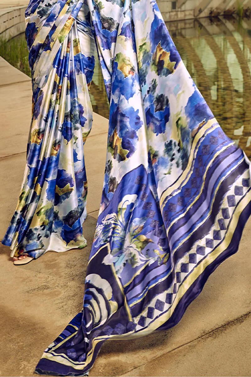 Effulgent Blue Digital Printed Satin Silk Saree With Ineffable Blouse Piece - Image 4