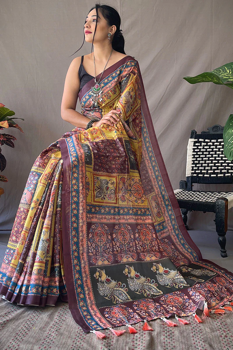 Effulgent Mustard Kalamkari Printed Saree With Ornate Blouse Piece - Image 3