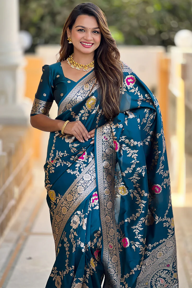 Effulgent Teal Blue Soft Banarasi Silk Saree With Embellished Blouse Piece - Image 4