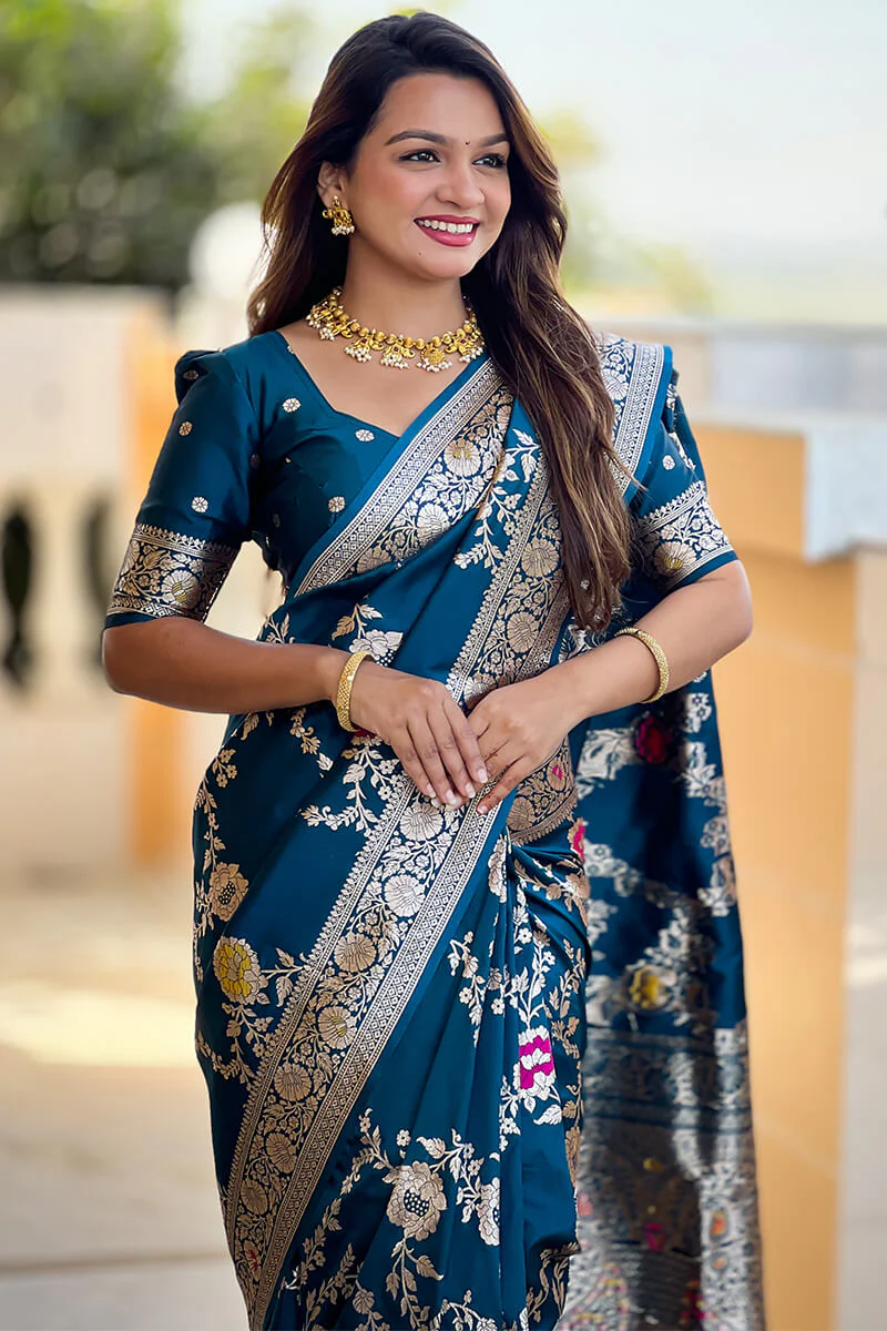 Effulgent Teal Blue Soft Banarasi Silk Saree With Embellished Blouse Piece - Image 5