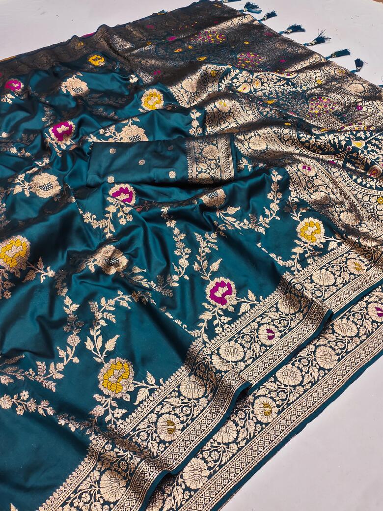 Effulgent Teal Blue Soft Banarasi Silk Saree With Embellished Blouse Piece - Image 6
