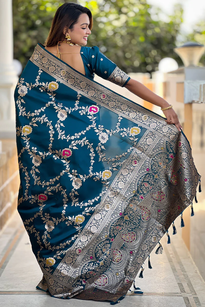 Effulgent Teal Blue Soft Banarasi Silk Saree With Embellished Blouse Piece - Image 7