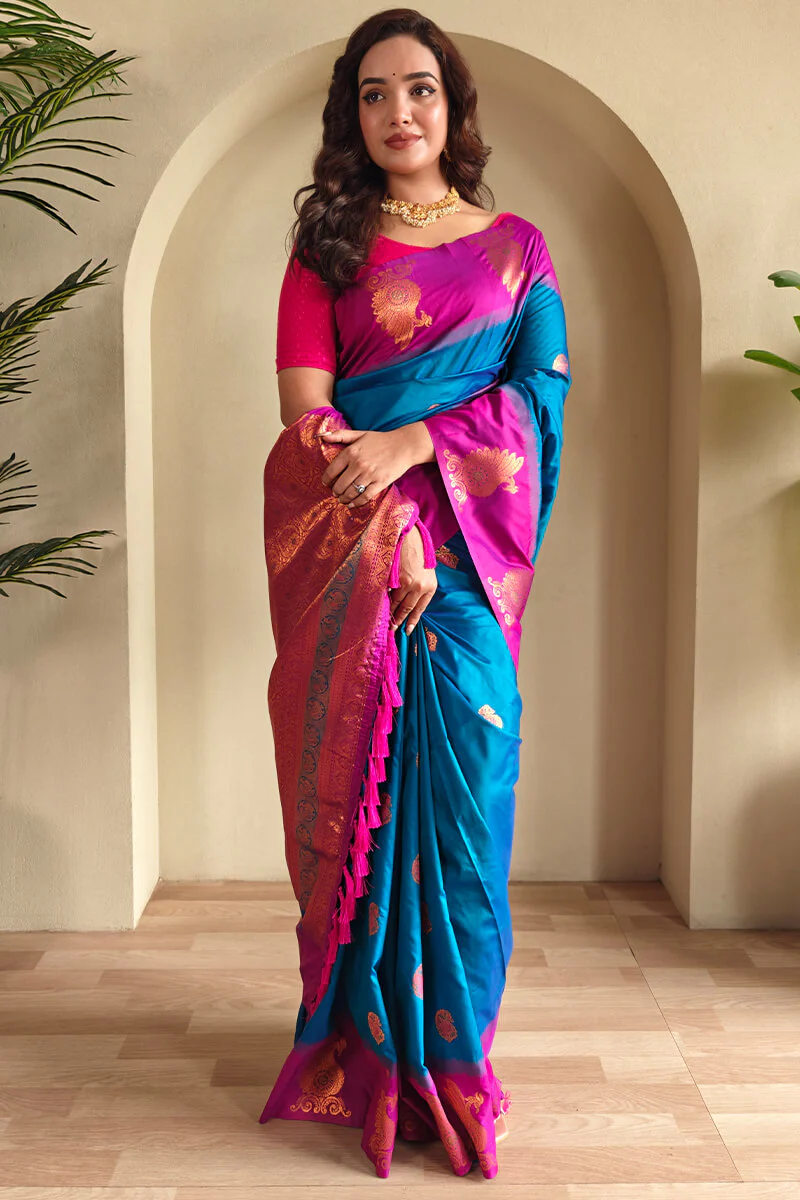 Elaborate Blue Soft Banarasi Silk Saree With Winsome Blouse Piece - Image 3