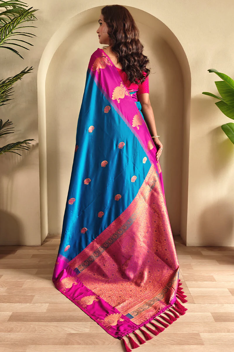 Elaborate Blue Soft Banarasi Silk Saree With Winsome Blouse Piece - Image 4