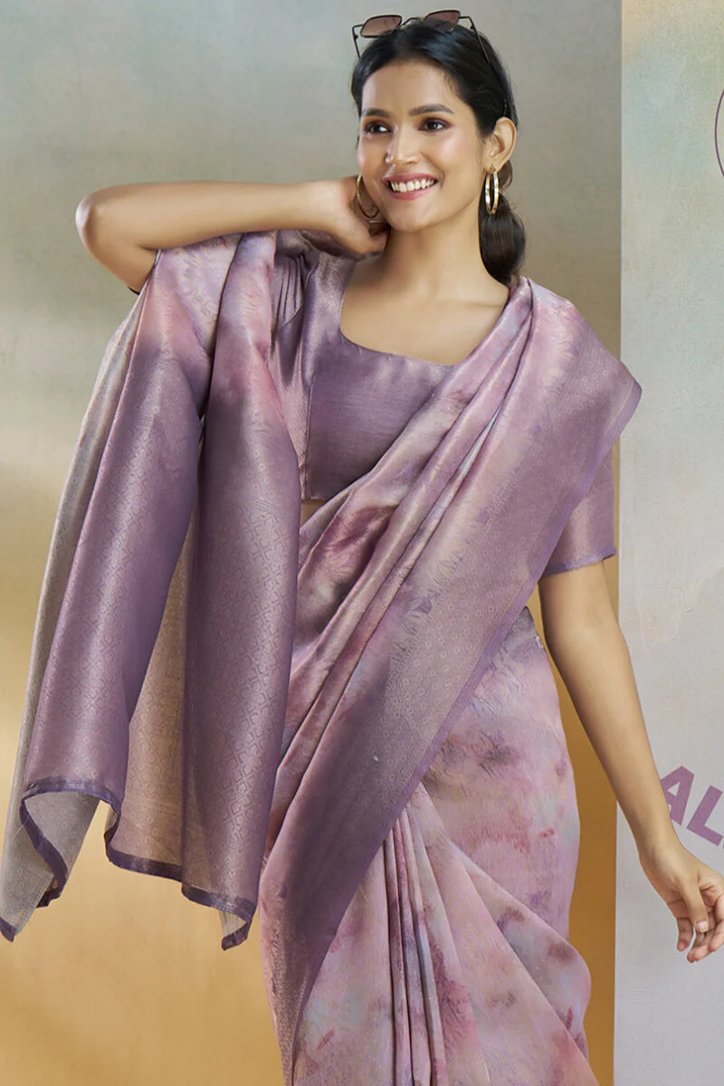 Elaborate Lavender Digital Printed Soft Silk Saree With Sophisticated Blouse Piece - Image 2